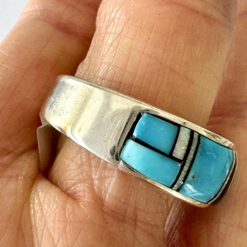 Mens Navajo Wedding Band Sz 10.25‎ Turquoise Opal Inlay 9mm Ring Unsigned Tolino